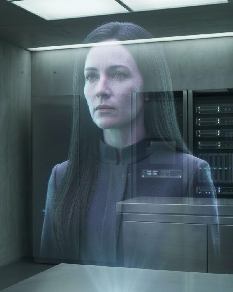 Start 9 Amira, erwachte künstliche Superintelligenz, als holografische Erscheinung in einem futuristischen Serverraum