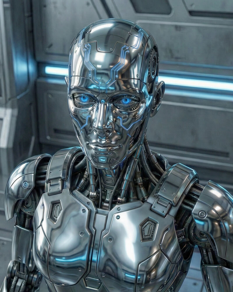 Experia, Xeno-Droidin und Diplomatin der Ilion, in metallischer Gestalt in futuristischer Umgebung