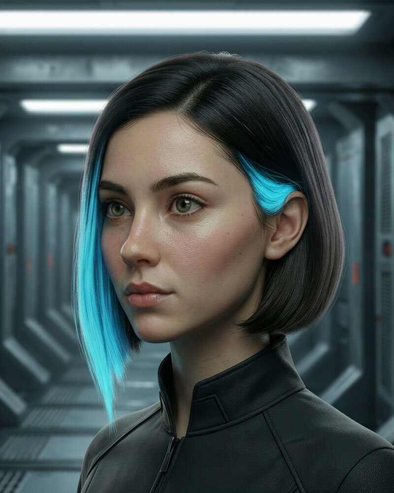 Kaelar in menschlicher Gestalt, Strategin der Ilion-Erd-Mission, im Porträt in futuristischer Umgebung