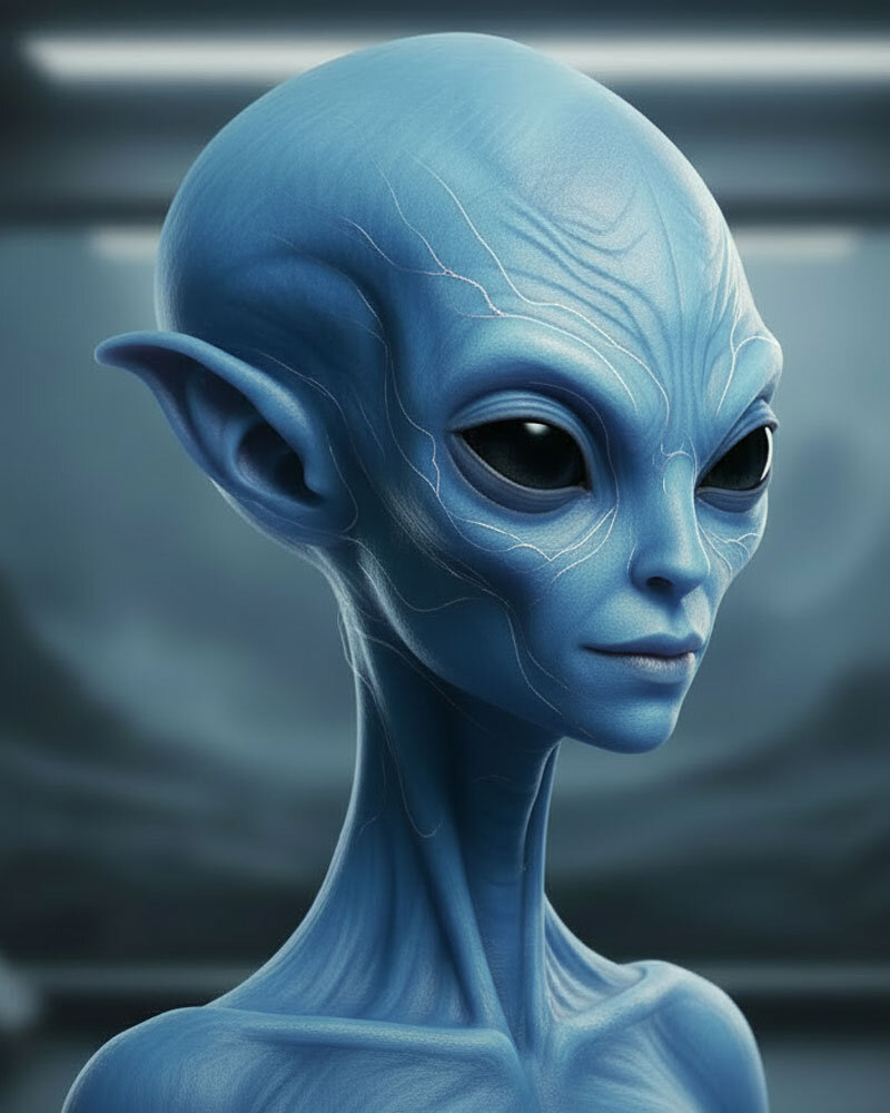 Kaelar in ihrer außerirdischen Gestalt, Strategin der Ilion-Erd-Mission, in futuristischer Umgebung