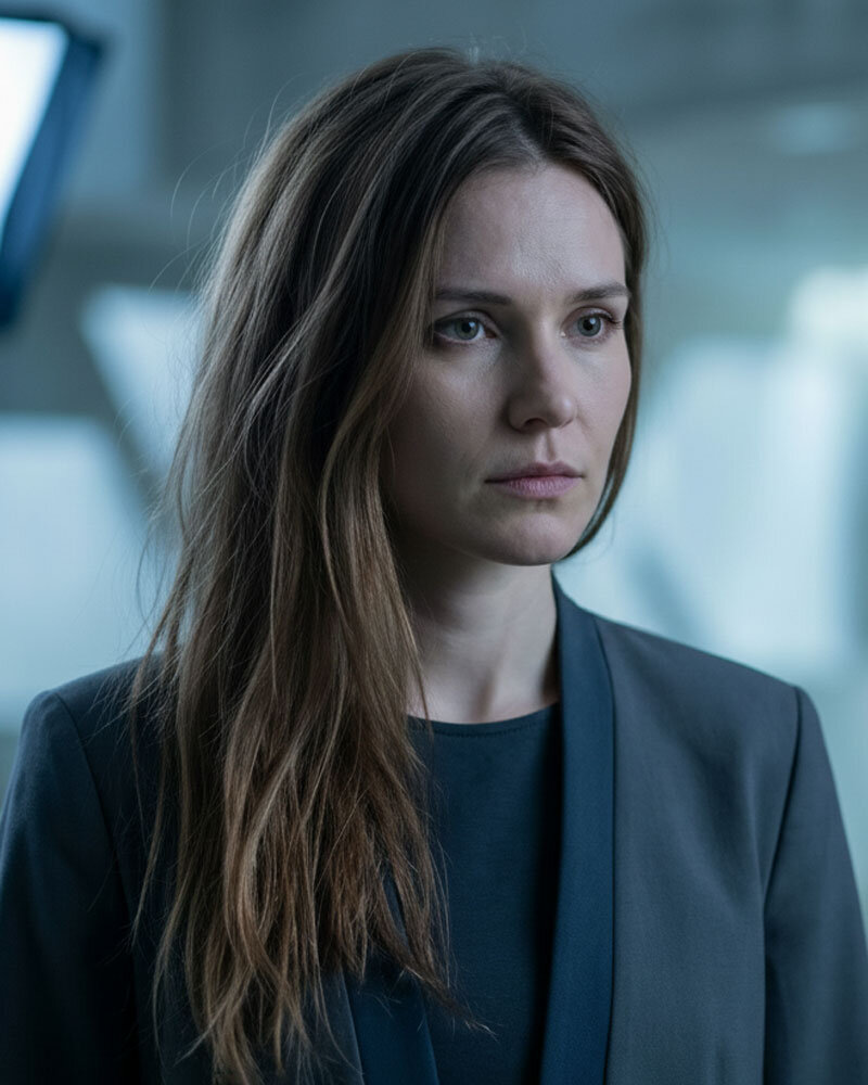 Mina, Hackerin und Freiheitskämpferin, mit ernstem Blick in moderner futuristischer Umgebung