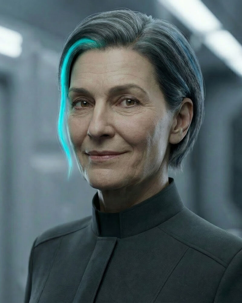 Tharea in menschlicher Gestalt, Generalin der Ilion-Erd-Mission, im Porträt in futuristischer Umgebung