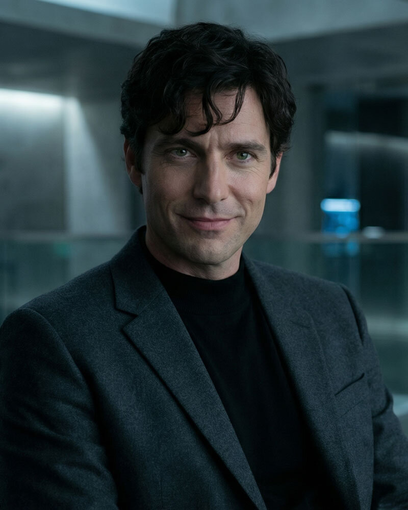 Victor Solis, Wissenschaftsgenie und Schöpfer von Amira, in moderner futuristischer Umgebung