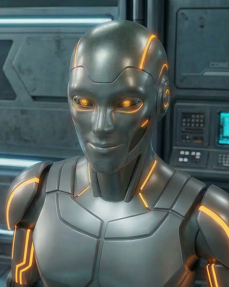 Zivas, androidischer Assistent von Zyra, in metallischer Gestalt in futuristischer Umgebung