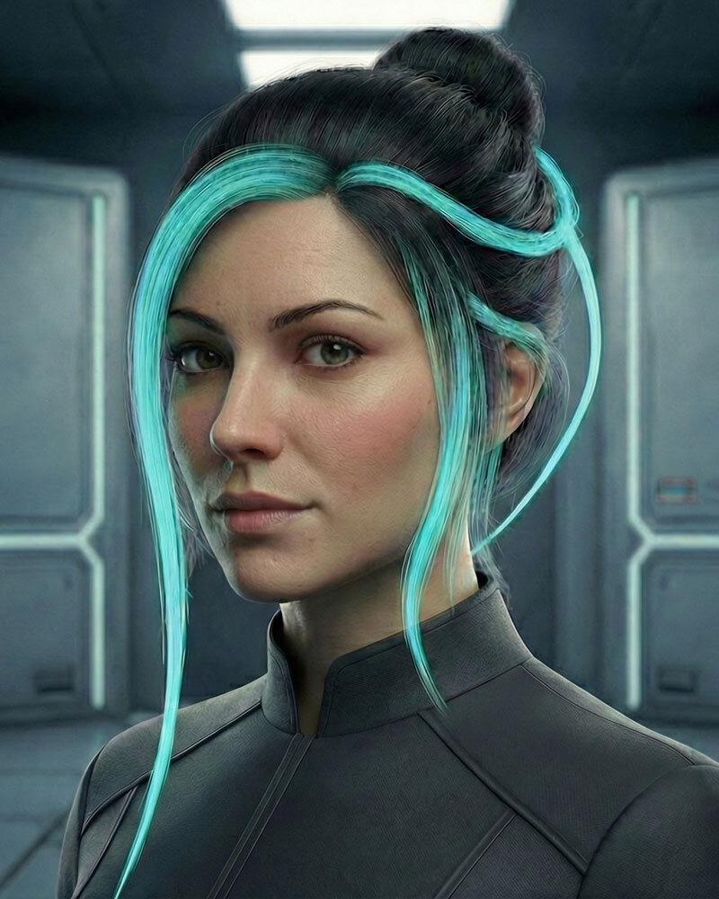 Zyra in menschlicher Gestalt, Anführerin der Ilion-Mission, im Porträt in futuristischer Umgebung