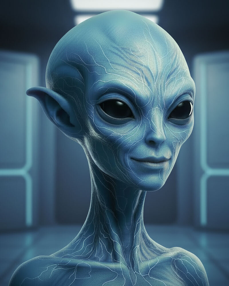 Start 6 Zyra, Anführerin der Erdmission der Spezies Ilion, mit blauer Haut und großen dunklen Augen in futuristischer Umgebung